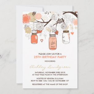 Peach Mason Jars Floral Birthday Party Invitation Kaart