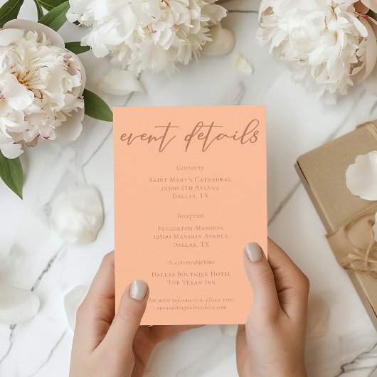 Peach Minimalist Script Wedding Event Details Informatiekaartje