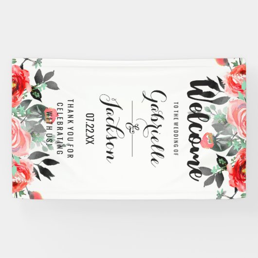 Peach & Mint Bloemen Waterverf Bruiloft Welkom Spandoek (Horizontaal)