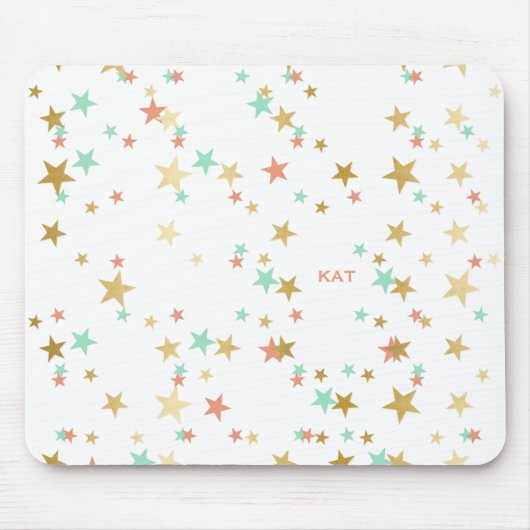 Peach, Mint en Gold Stars Confetti Monogram Muismat (Voorkant)