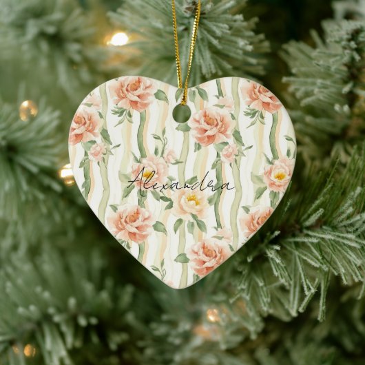 Peach Mint Pretty Roses Floral Stripes Keramisch Ornament (Boom)