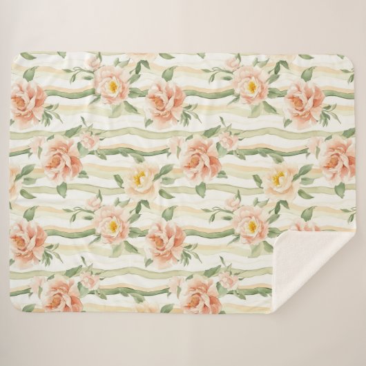 Peach Mint Roses Floral Stripes Birthday Sherpa Deken (Voorkant (horizontaal))