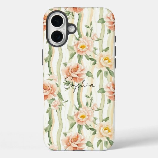 Peach Mint Roses Floral Stripes   Case-Mate iPhone Case (Achterkant)