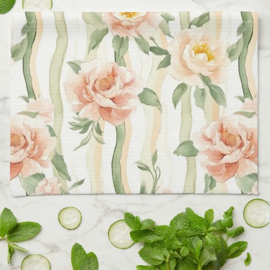 Peach Mint Roses Floral Stripes   Theedoek (Gevouwen)
