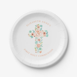 Peach Mint Waterverf Flower Cross Eerste Communie Papieren Bordje