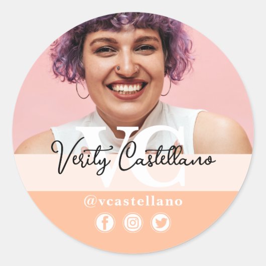 Peach Modern Script naam & aangepaste foto Ronde Sticker (Voorkant)