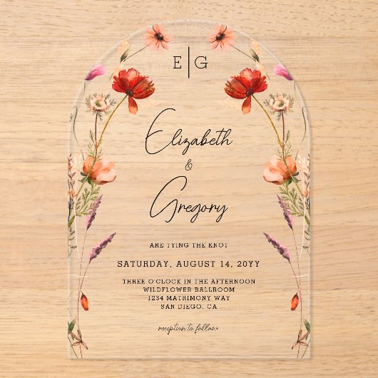 Peach Monogram Wildflower Wedding Acryl Uitnodigingen (Voorkant)