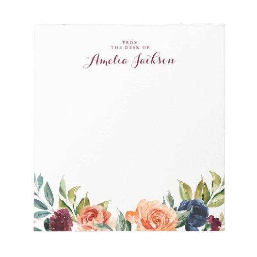 Peach Navy Floral Bloc-notes personnalisé Papier-n (Devant)