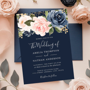 Peach Navy Waterverf Bloemen Huwelijksuitnodiging Kaart