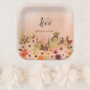 Peach Ombre Waterverf bloemenbruiloft Papieren Bordje