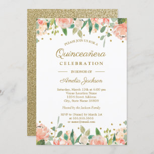 Peach or Floral Aquarelle Quinceanera Invitation