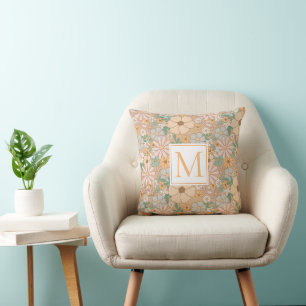 Peach Oranje Floral Monogram doorgeven Kussen