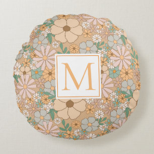 Peach Oranje Floral   Monogram doorgeven Rond Kussen