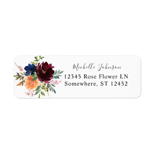 Peach Oranje Navy & Burgundy Floral Return Address Etiket (Voorkant)