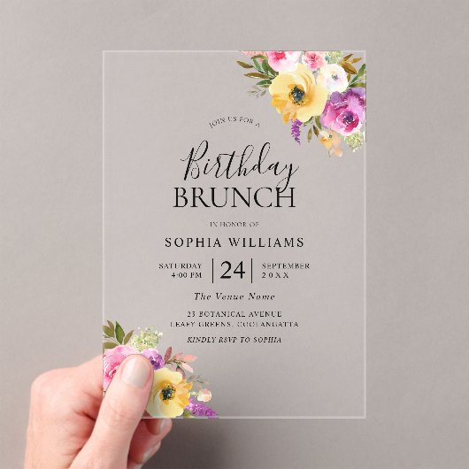 Peach Paars Blush Womans Birthday Party Brunch Acryl Uitnodigingen (Insitu (Draagbaar))