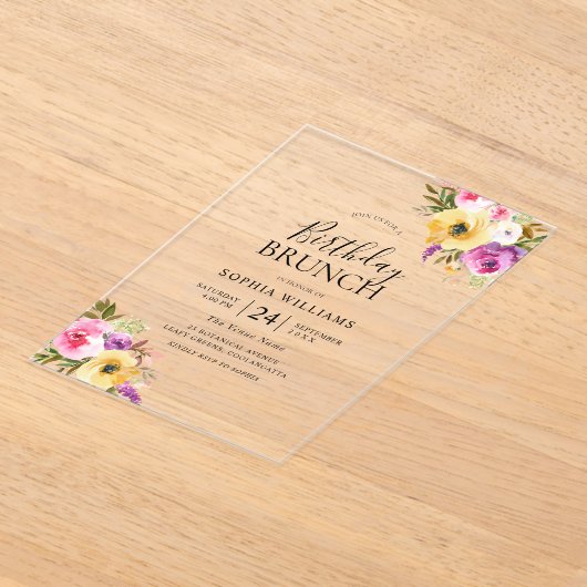 Peach Paars Blush Womans Birthday Party Brunch Acryl Uitnodigingen (Laagn)