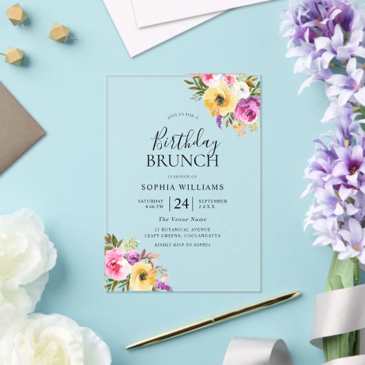 Peach Paars Blush Womans Birthday Party Brunch Acryl Uitnodigingen (Insitu (Huwelijk))