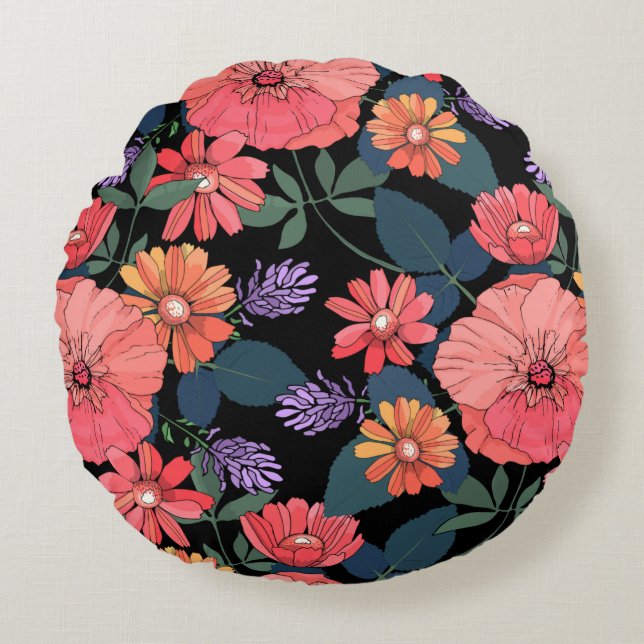 Peach & Paars flower Round Pillow Rond Kussen (Voorkant)