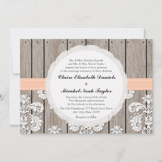 Peach Pale Coral Lace Mariage Invitations (Devant)