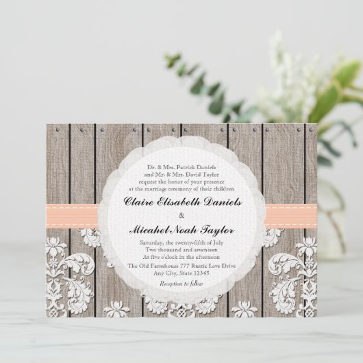 Peach Pale Coral Lace Mariage Invitations (Debout devant)