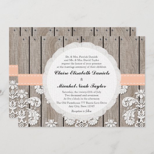 Peach Pale Coral Lace Mariage Invitations (Devant / Derrière)