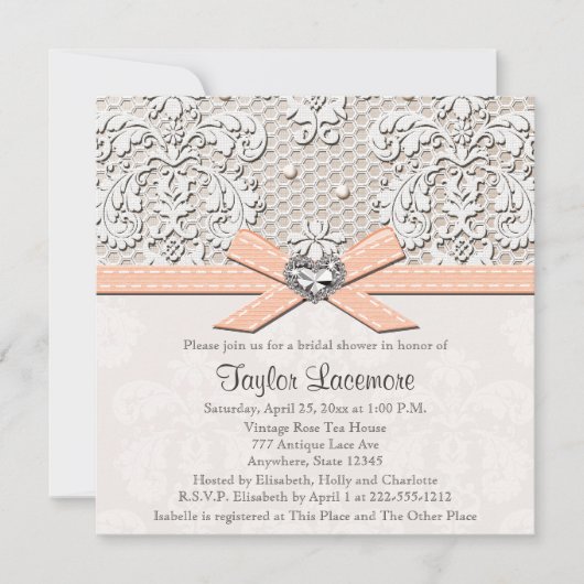 Peach Parell Lace Diamond Bridal Shower Kaart (Voorkant)
