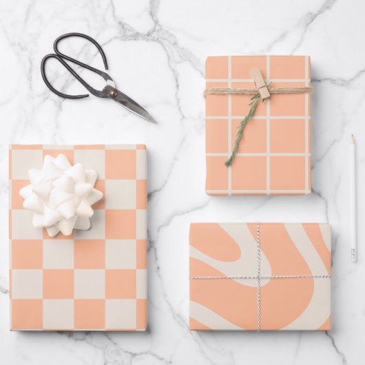 Peach pastel minimalistische check lijn wervelpatr inpakpapier vel (Voorkant)