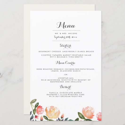 Peach Peonies Menu Mariage Dîner (Devant / Derrière)