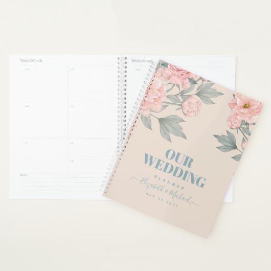 Peach Peonies Sage Floral Budget Mariage (Devant avec enveloppe)