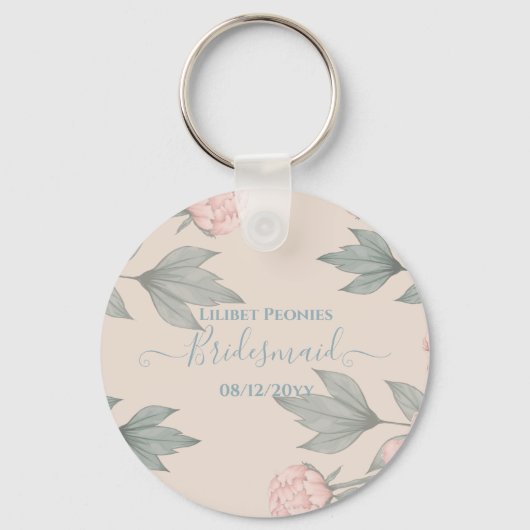 Peach Peonies Sage Floral budget Weddenschap Sleutelhanger (Voorkant)