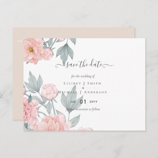 Peach peonies Sage Floral Weddenschap Save Dates Briefkaart (Voorkant / Achterkant)