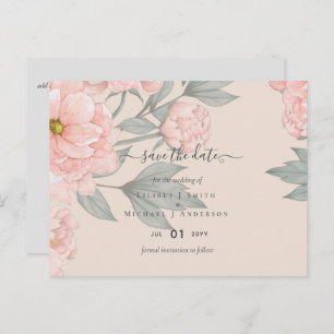 Peach peonies Sage Floral Weddenschap Save Dates Briefkaart