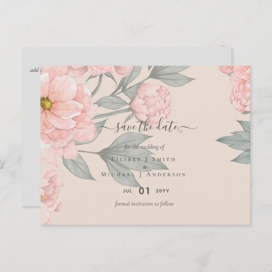 Peach peonies Sage Floral Weddenschap Save Dates Briefkaart (Voorkant / Achterkant)