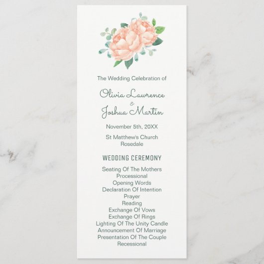 Peach Peony & Eucalyptus Programmes de mariage (Devant)
