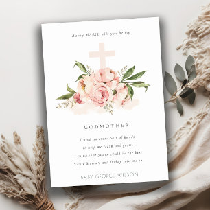 Peach Peony Floral Cross Godmoeder Voorstel Uitnod Bedankkaart