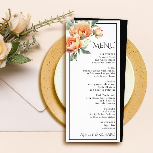 Peach peony flowers floral mariage carte menu
