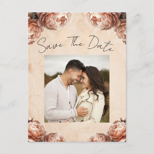 Peach Peony Flowers  Rustic Save the Date Aankondigingskaart (Voorkant)