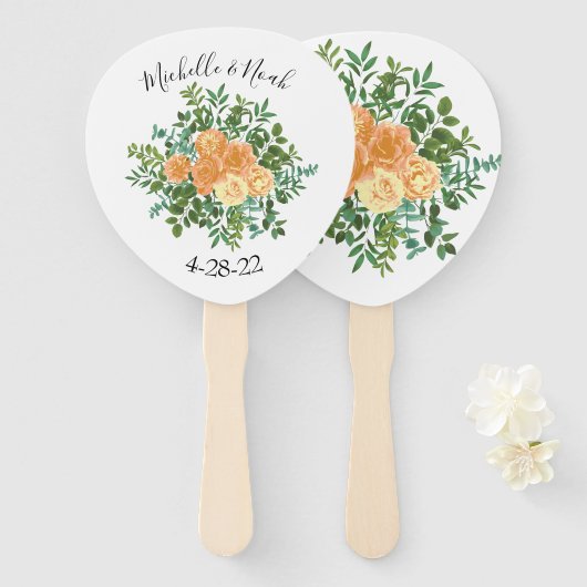 Peach Peony & Roos Floral Wedding Handwaaier (Voorkant en achterkant)