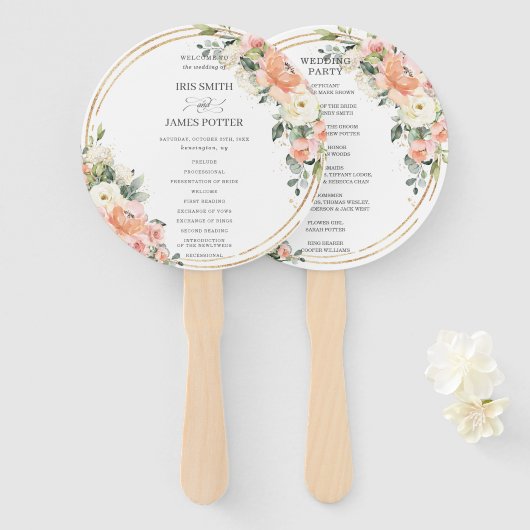 Peach Pink Blush Ivory Floral Gold huwelijksprogra Handwaaier (Voorkant en achterkant)