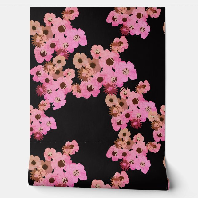 Peach Pink Flowers on Black Behang (Afrollen)