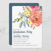Peach Pink Peonies Blue Graduation Invitation (Devant / Derrière)