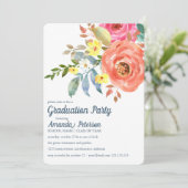 Peach Pink Peonies Blue Graduation Invitation (Debout devant)