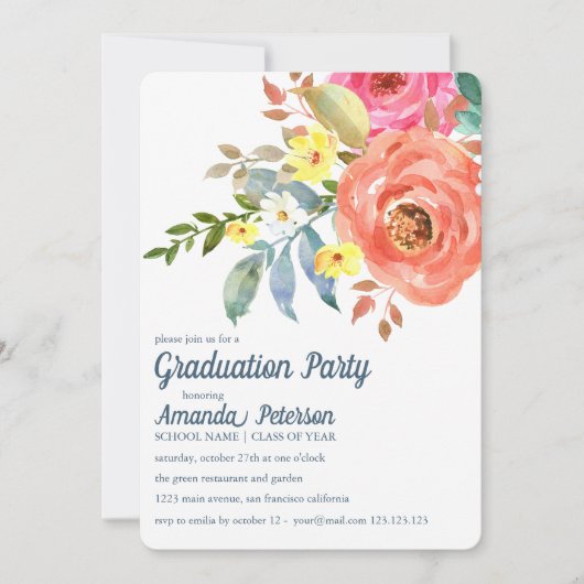 Peach Pink Peonies Blue Graduation Invitation (Devant)