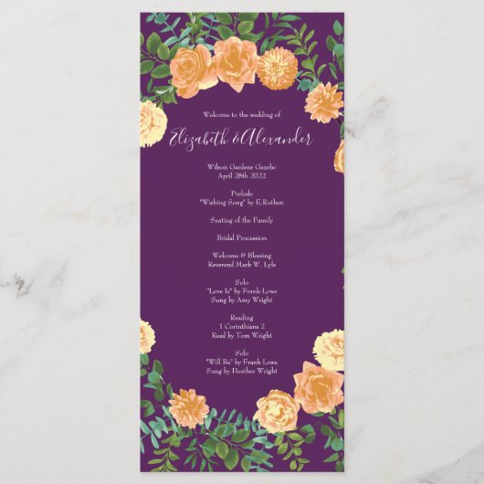 Peach Plum Purple Peony Roses Programmes de mariag (Devant)
