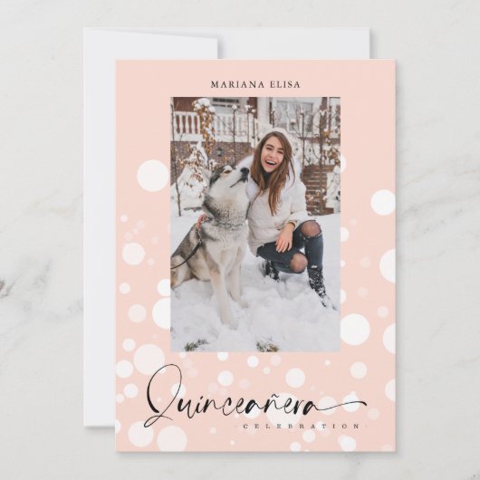 Peach Polka Dot Custom Photo Quinceañera Kaart (Voorkant)