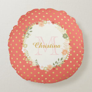  Peach Polka Dot Floral Name and Monogram Rond Kussen
