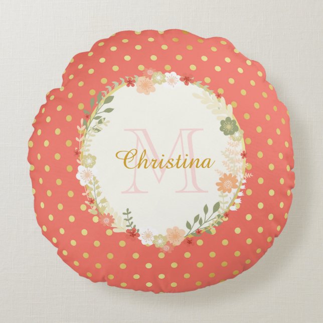  Peach Polka Dot Floral Name and Monogram Rond Kussen (Voorkant)