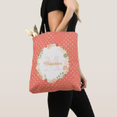  Peach Polka Dot Floral Name and Monogram Tote Bag (Dichtbij)