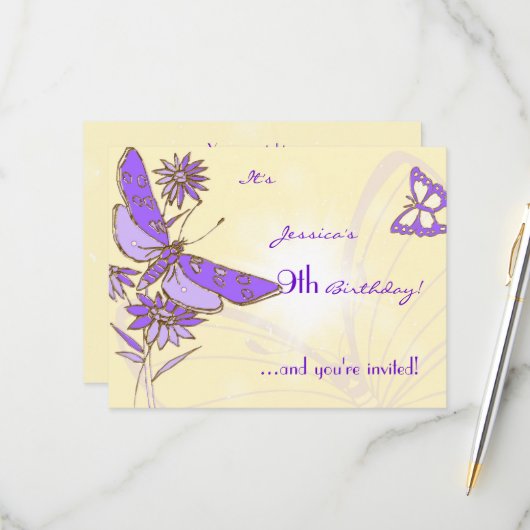 Peach Purple Butterfly Invitation Card (Devant/Arrière en situation)