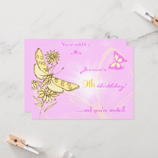 Peach Purple Butterfly Invitation Card (Devant/Arrière en situation)